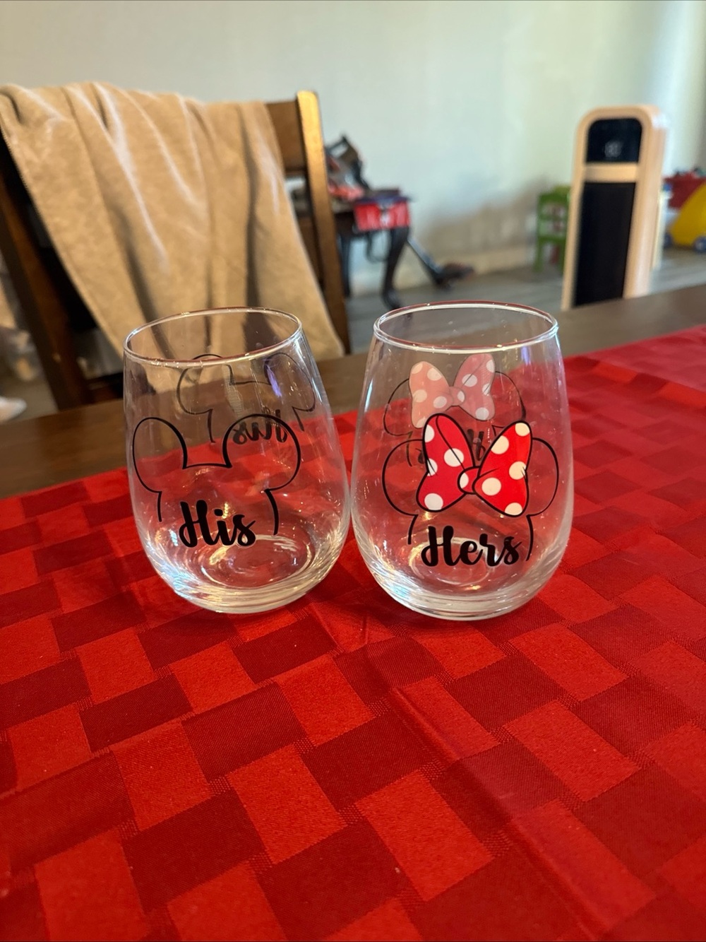 His & Hers Mickey Mouse Stemless Wine Glasses - Clear with Red Polka Dot Bow